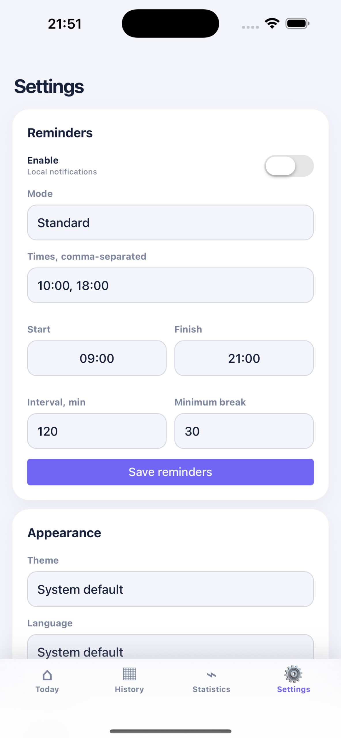 DayPush daily goals, reminders and appearance settings