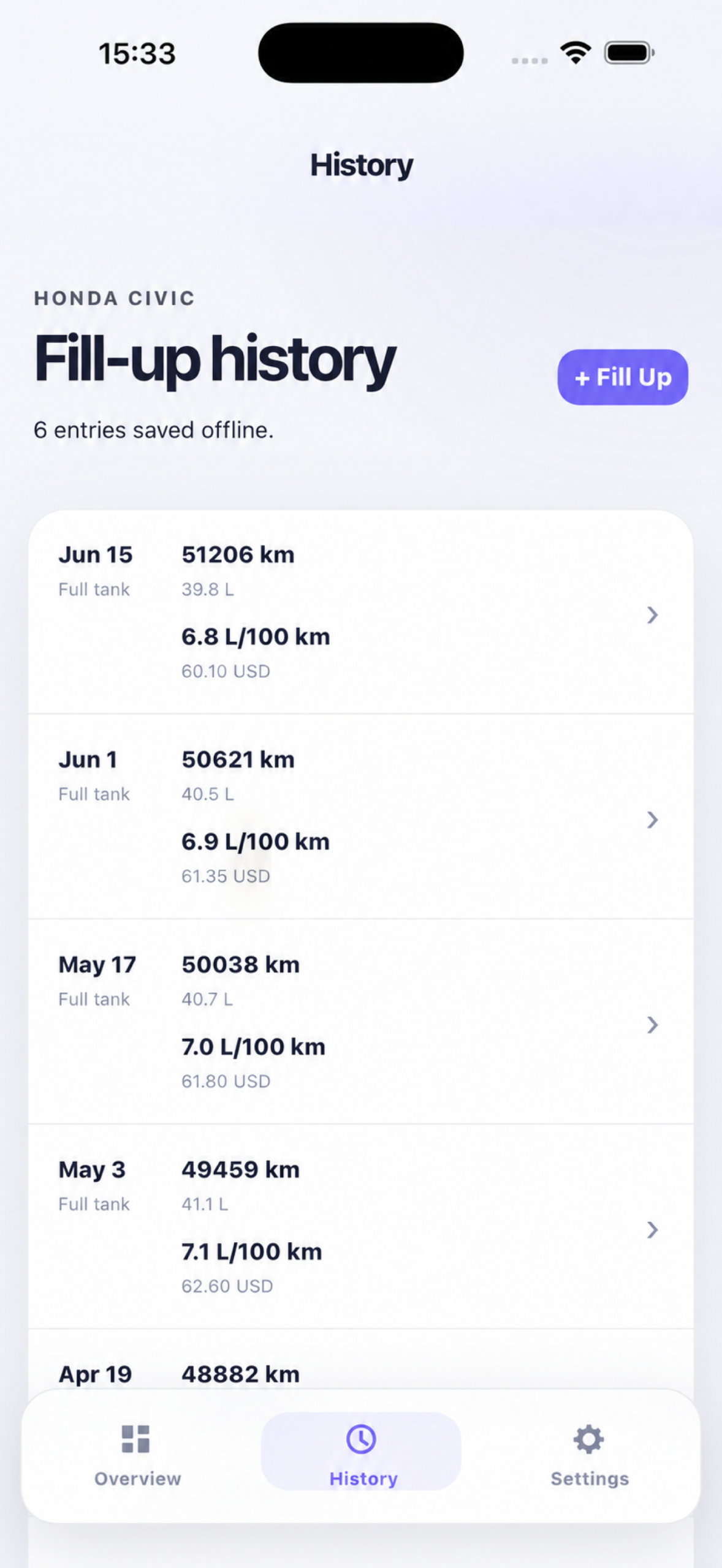 Odomio fill-up history screen