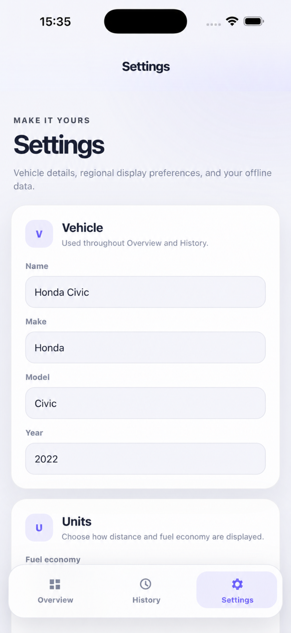 Odomio settings screen